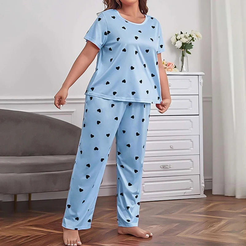 Soft Love Heart Print Short Sleeve T-shirt Top & Pants Sleepwear