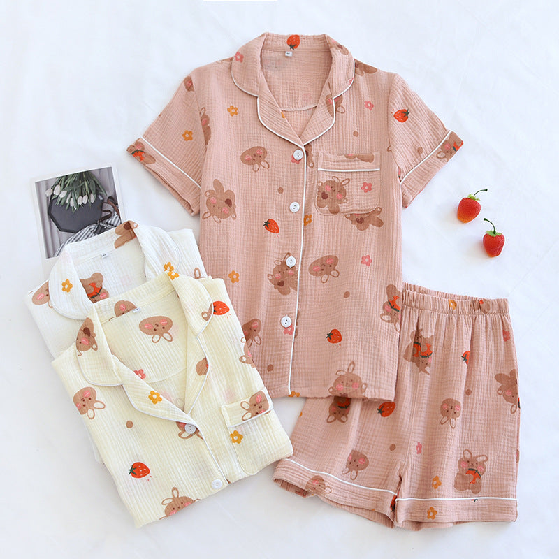 Japanese Short-sleeved Shorts Two-piece Ladies Cotton Crepe Cute Fresh Loose Set