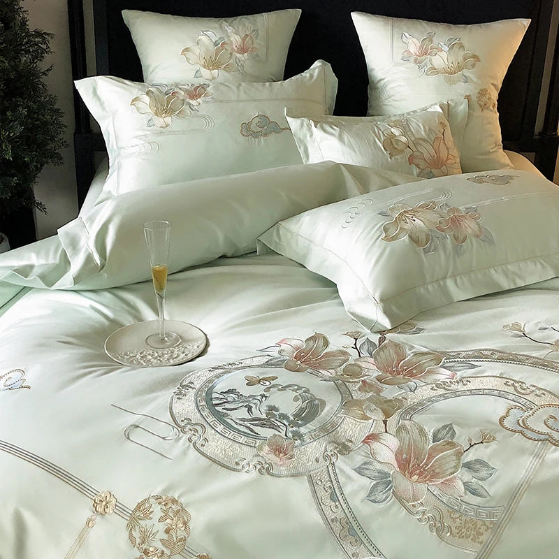 Flowers Bird Embroidery Luxury Bedding Set 1000TC Egyptian Cotton Duvet Cover Bed Sheet Pillowcases 4/5Pcs