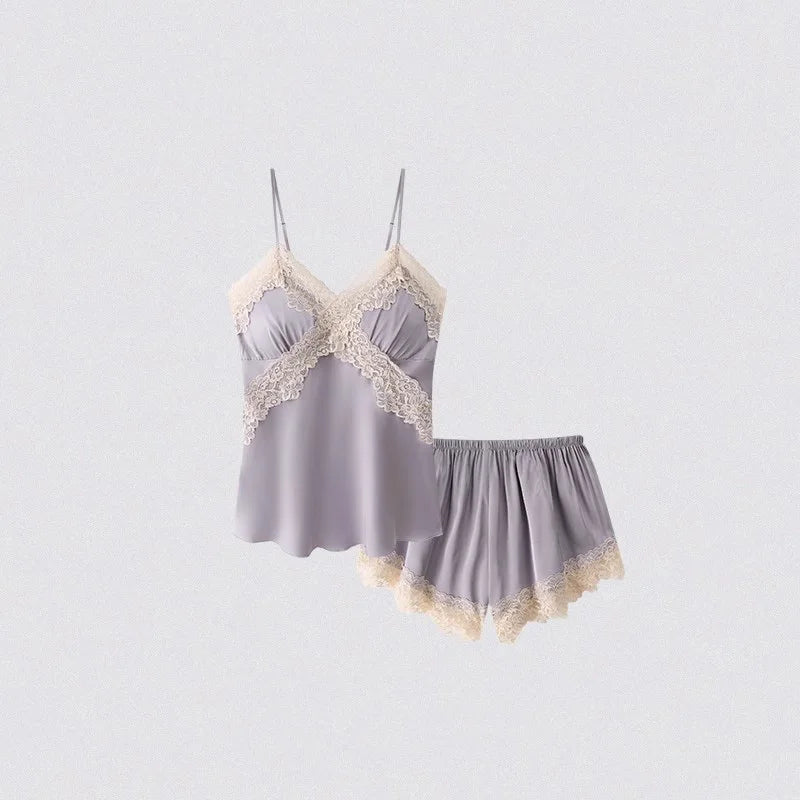 V Neck Spaghetti Strap Two Piece Sexy Satin Lace Trim Cami Top Shorts Lingerie