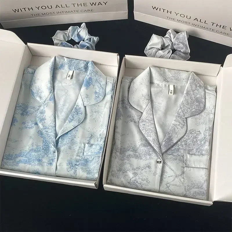 Ice Silk Women Pajama Lapel Button Cardigan Style