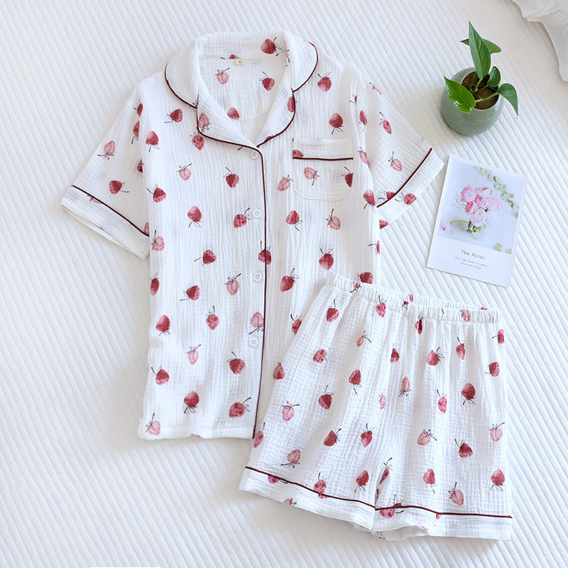 Japanese Short-sleeved Shorts Two-piece Ladies Cotton Crepe Cute Fresh Loose Set