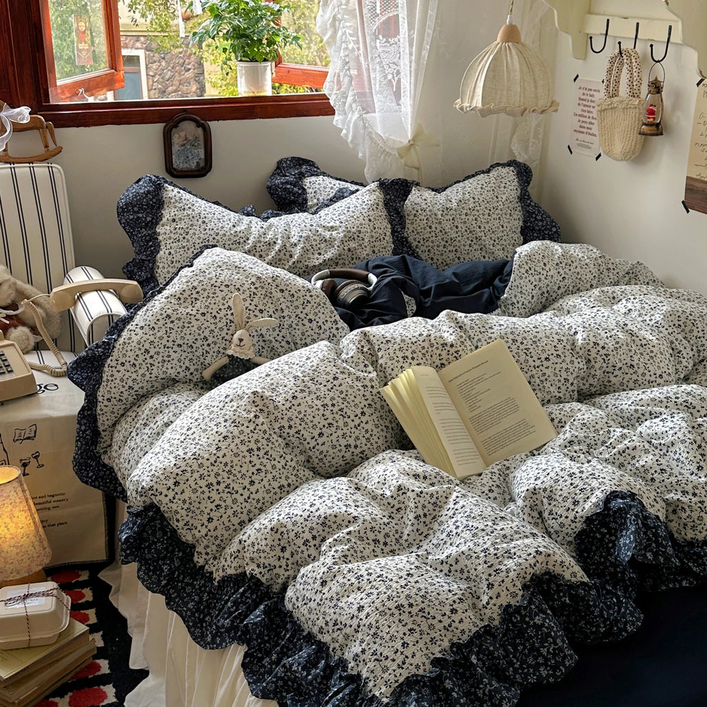 Vintage Flowers Lace Ruffles Duvet Cover Set Pillowcase For Home Bedroom Decor