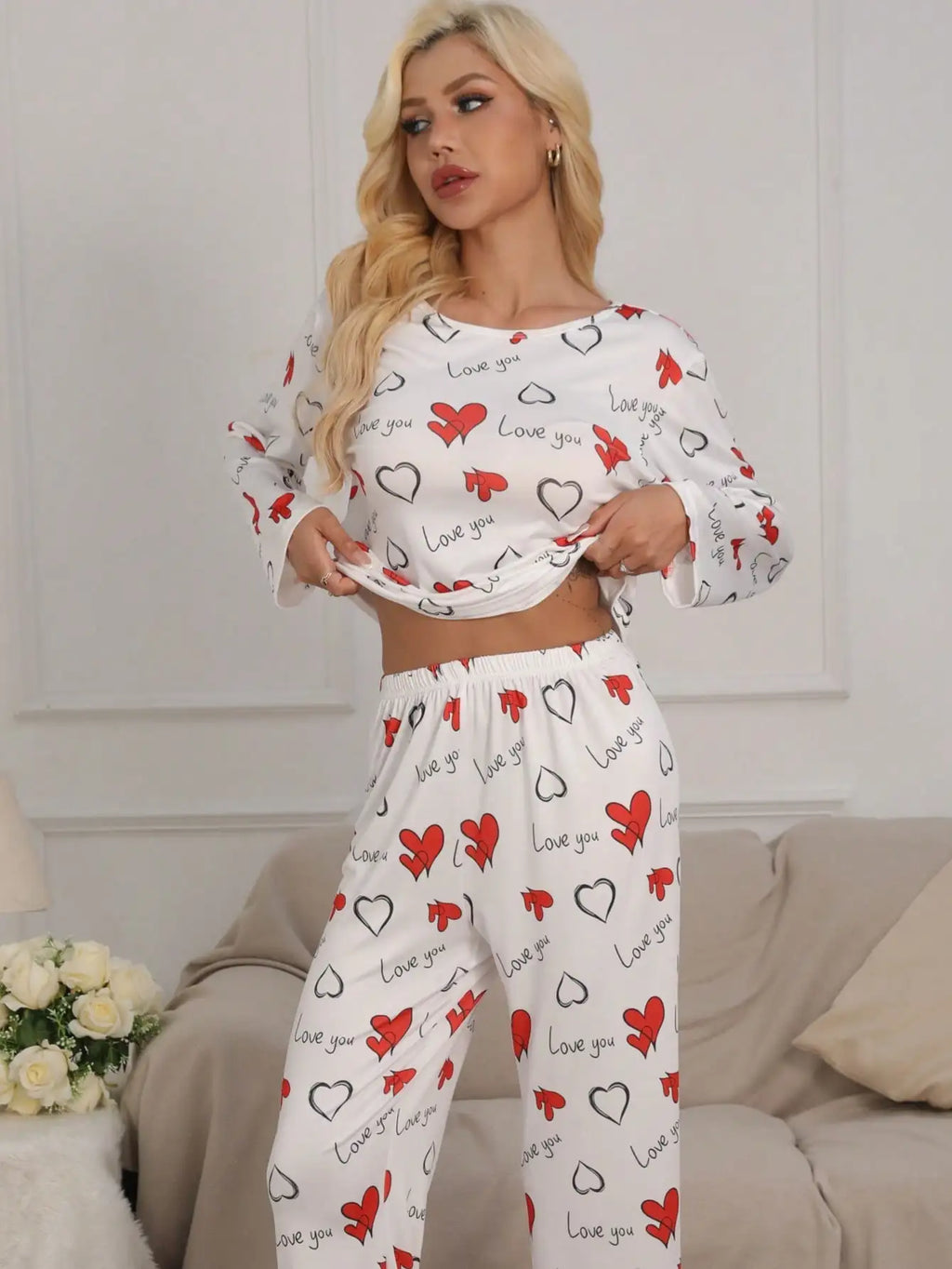 Long-sleeved Heart pattern Round-neck Knitted Pajamas Printed with "Love You"