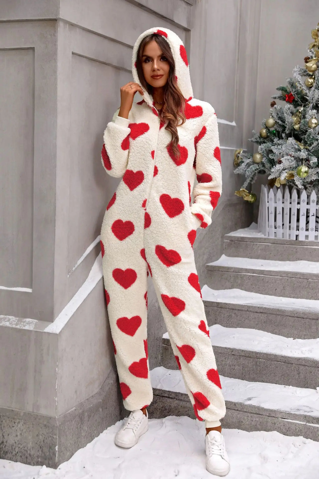 Cute Heart Print Long Sleeve Plush Sleep Jumpsuit