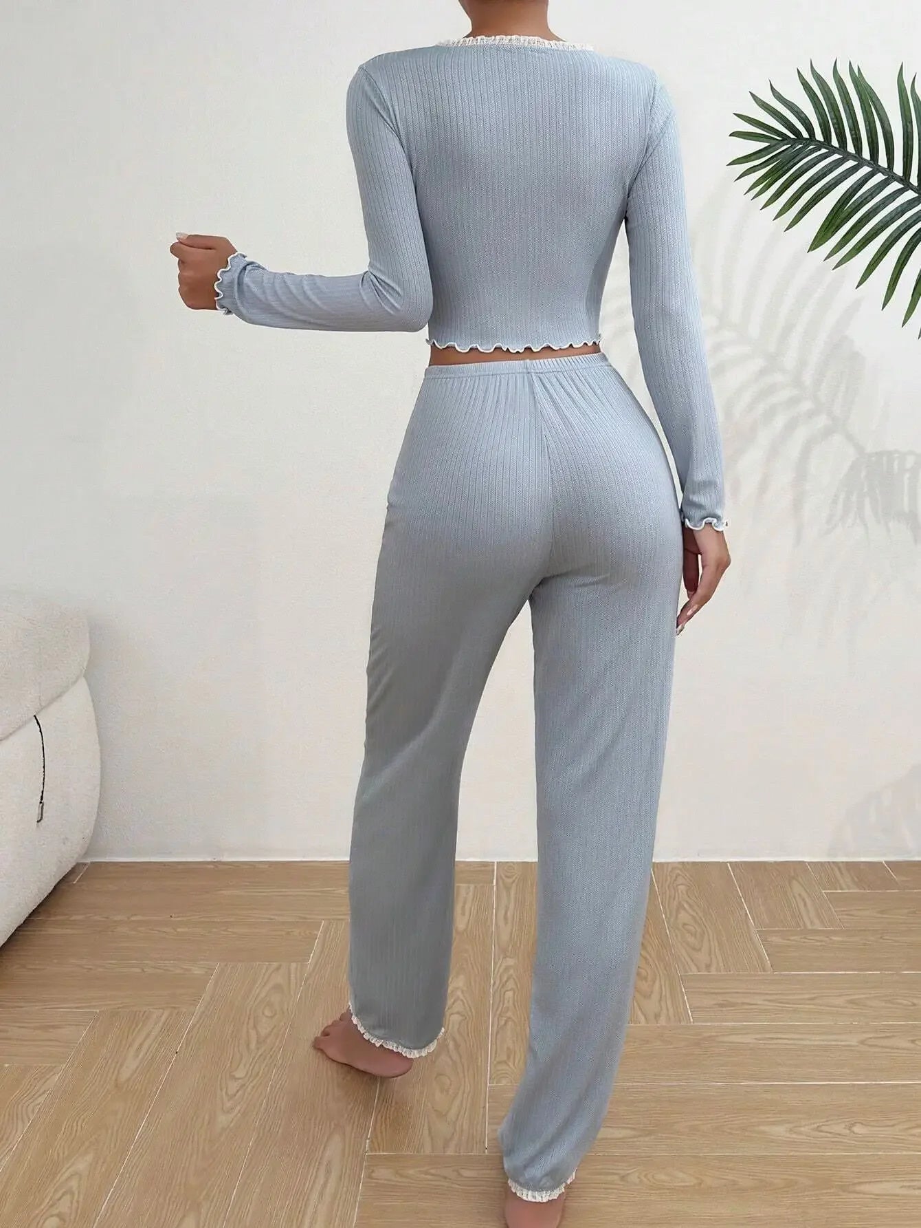 Long Sleeves Shirt Trousers 2 Pieces Sexy Lace Sleepwear