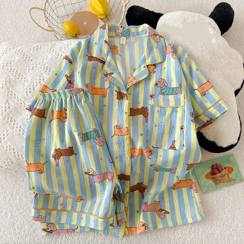 Star Striped Dog Print Kawaii Pajamas