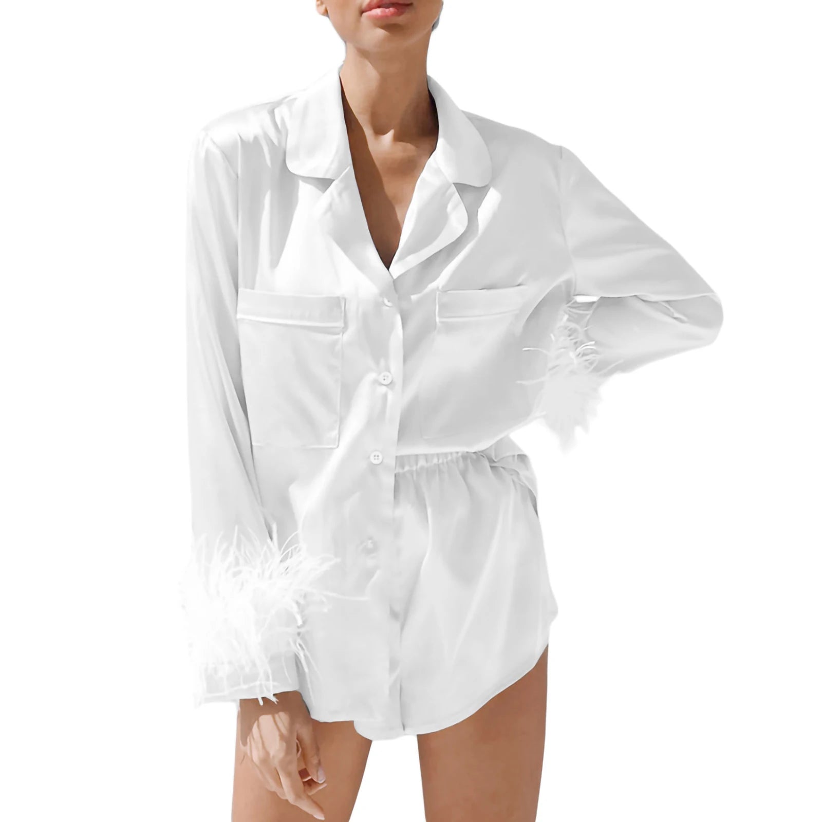 Patchwork Feather Cuffs Solid Color Long Sleeve Button Shirt with Short Pants Loose Loungewear
