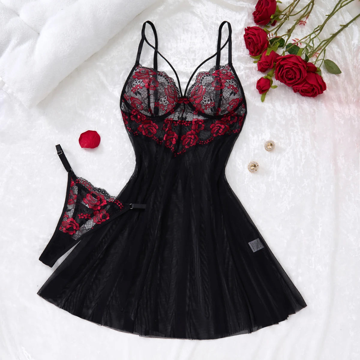 Lady's Sexy Floral Pattern Lace Black Strapless Transparent Nightgown