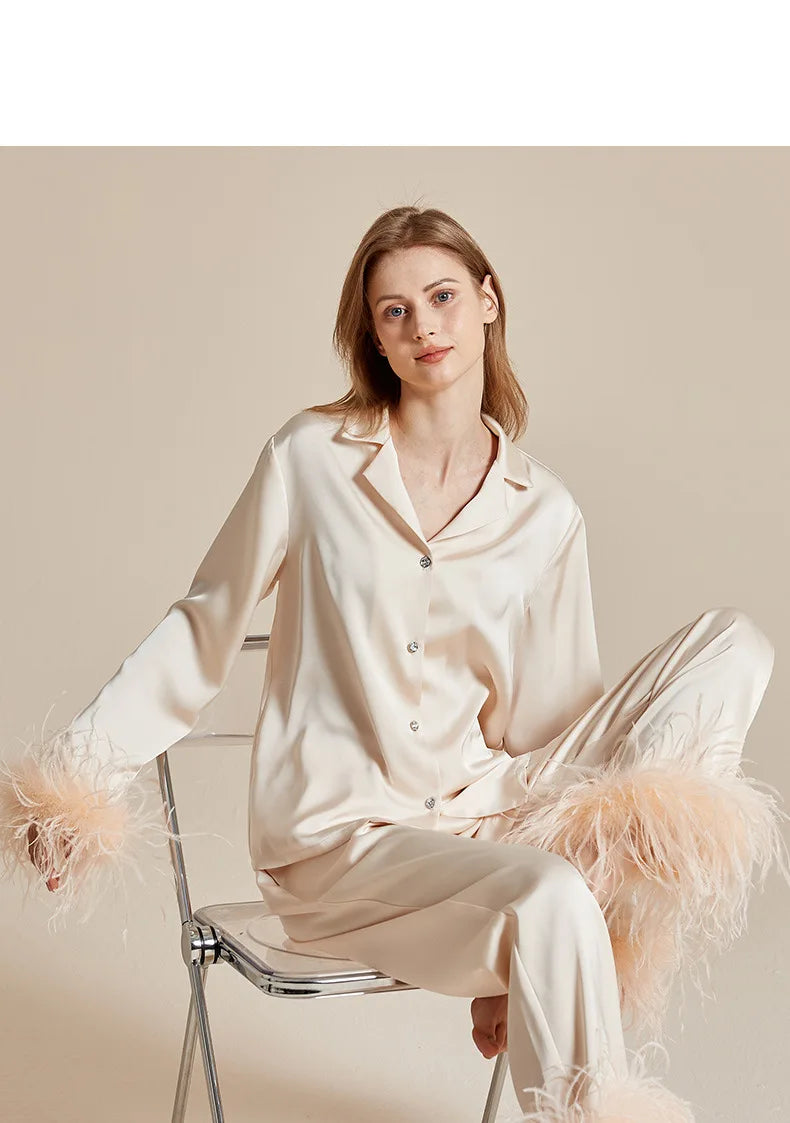 Luxury Feathers 2Pcs Silk Satin Long Sleeve Trouser Elegant Home Wear