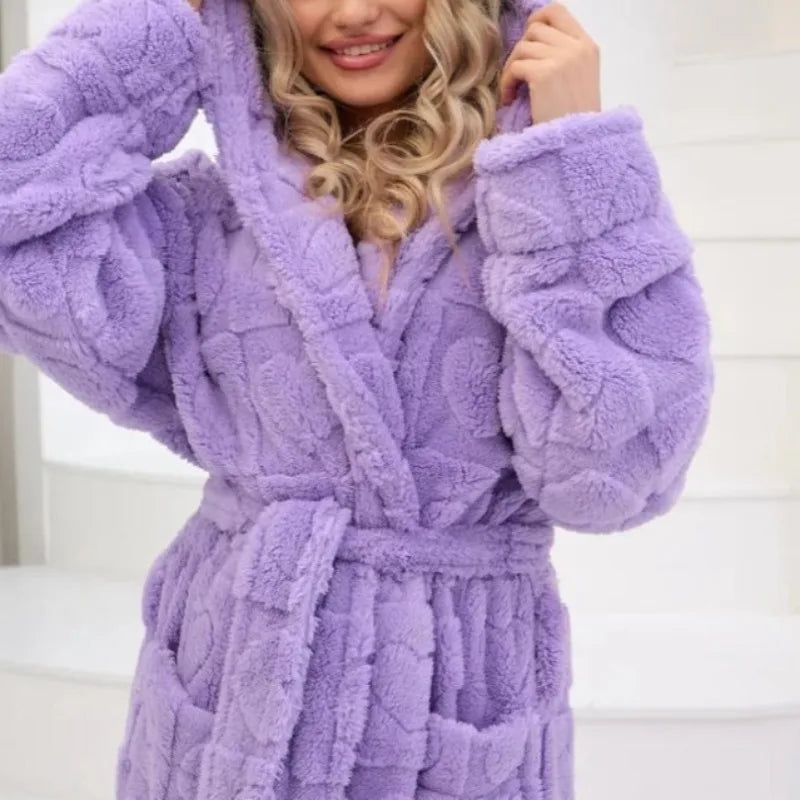 Solid Color Bathrobes Elegant Double Pocket Lace-Up Hooded Long Sleeve
