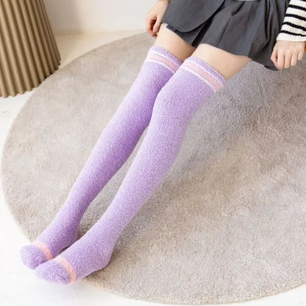 Fuzzy Fleece Over Knee Socks Plush Cozy Lined Terry Socks