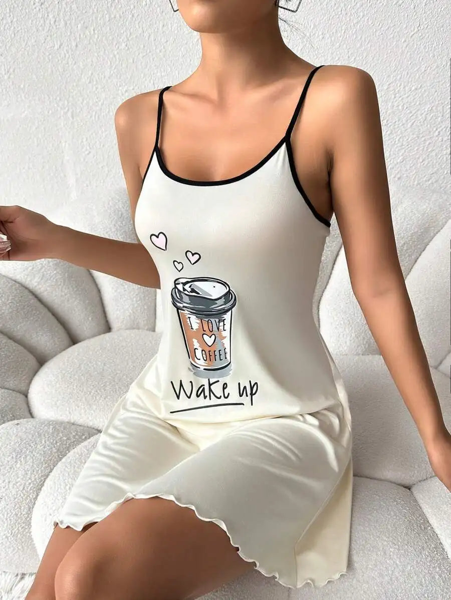 Lettuce Trim Coffee Letter Print Spaghetti Strap Mini Nightgown