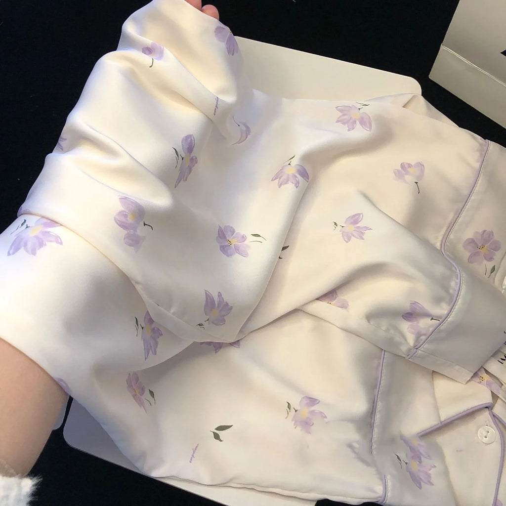 Silk Two Pieces Top & Pants Elegant Print Soft Sleepwear