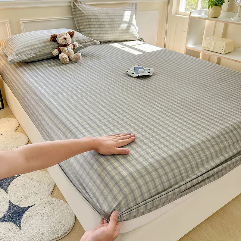 Plaid Style Fitted Sheet Skin-friendly Bed Cover Elastic Bedsheet Linen (No Pillowcase)