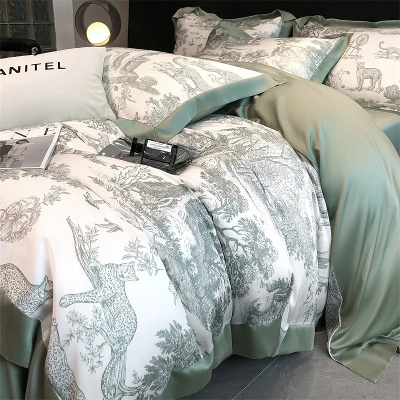 Soft Silky Skin-friendly Natural Eucalyptus Fiber Lyocell Bedding Set Forest Plants Leopard Duvet Cover Set Bed Sheet Pillowcases