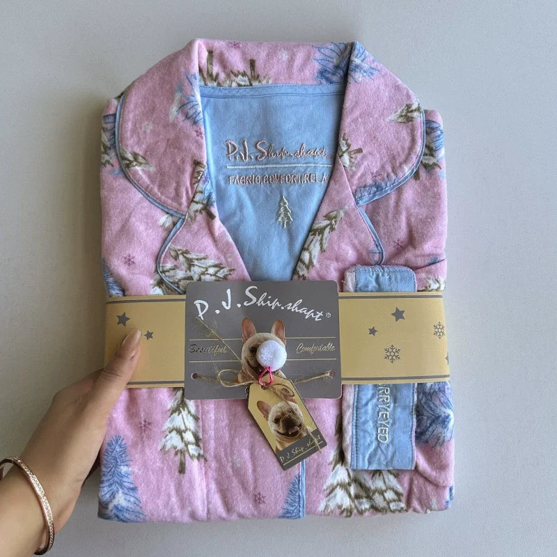 Women's Pajamas Set Cute Cartoon Print Sleepwear Top&pants Two-piece Soft Cotton Femme Nightwear