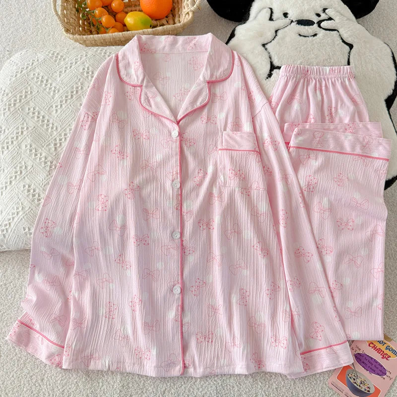 Women's Pink Bow Collar Loose Pajamas Long Sleeve Long Pants Set