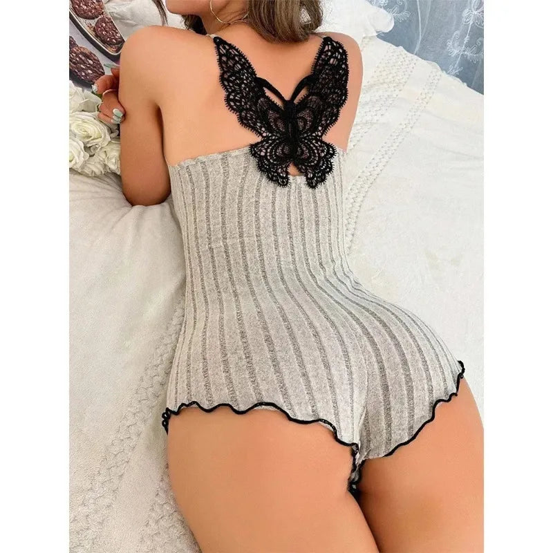 Lace Bow V-neck Sleeveless Patchwork Sleepwear