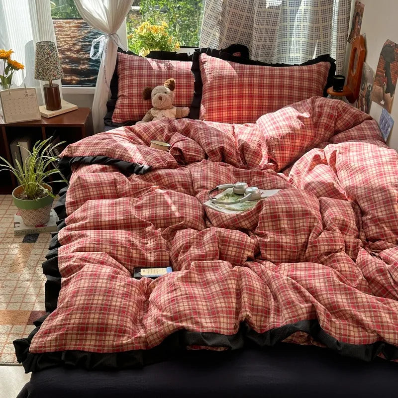 Plaid Bedding Set Double Yarn Classic Vintage Duvet Cover Set Flat Sheets Set 2 Pillowcases