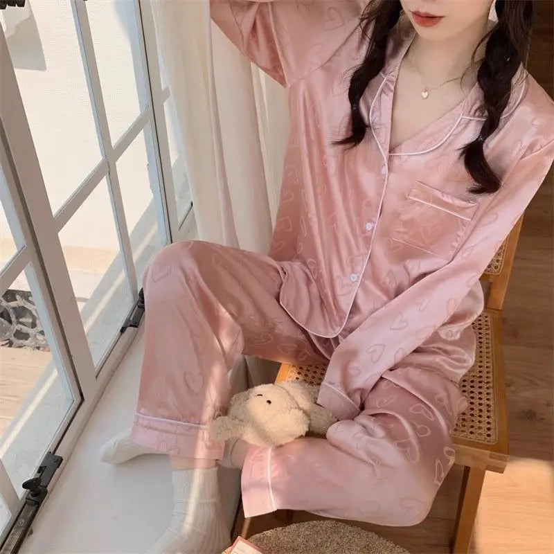 Sweet Ice Silk Pajamas Women's Long Sleeve Lace Two Piece Sleepwear Loungewear