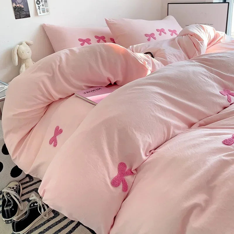 3D Embroidered Bow Quilt Set Cotton Pink Comfortable Soft Bedding