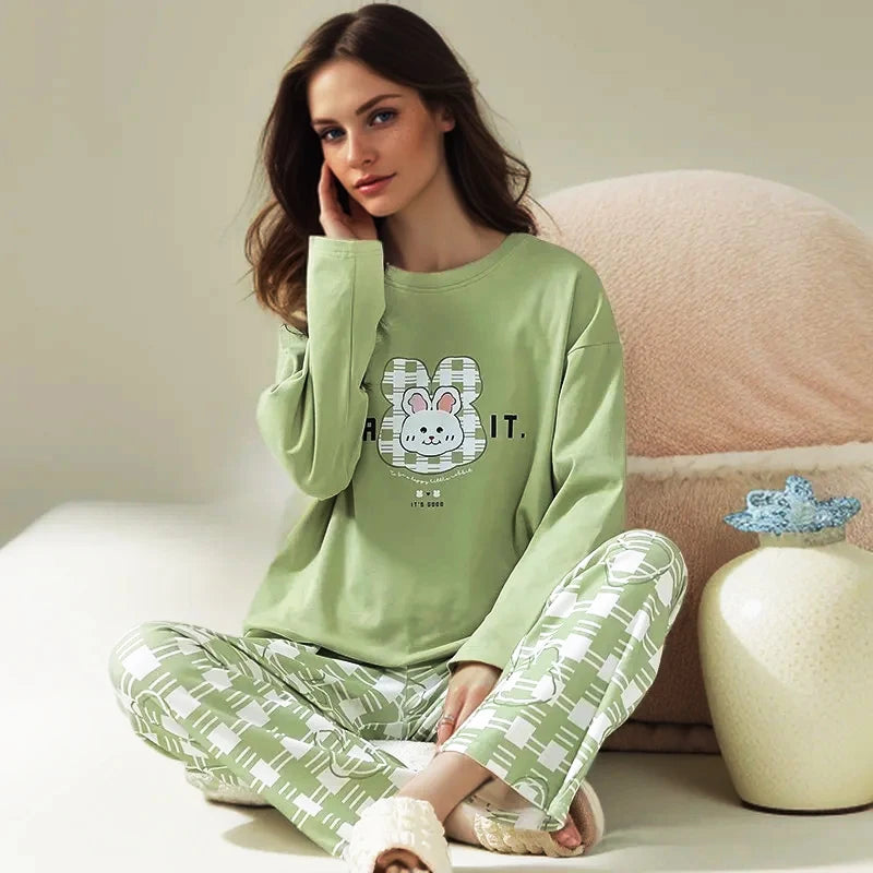 Cotton High Quality Large Size Ladies Pullover Long-Sleeved Cartoon Home wear 2PCS/Set