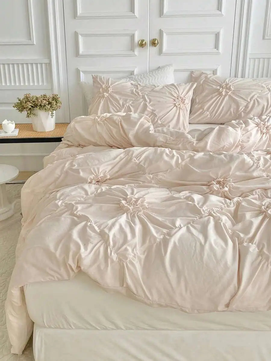 Ruched Flower Design Duvet Cover Set with Pillowcases Polyester Bedding for All Seasons