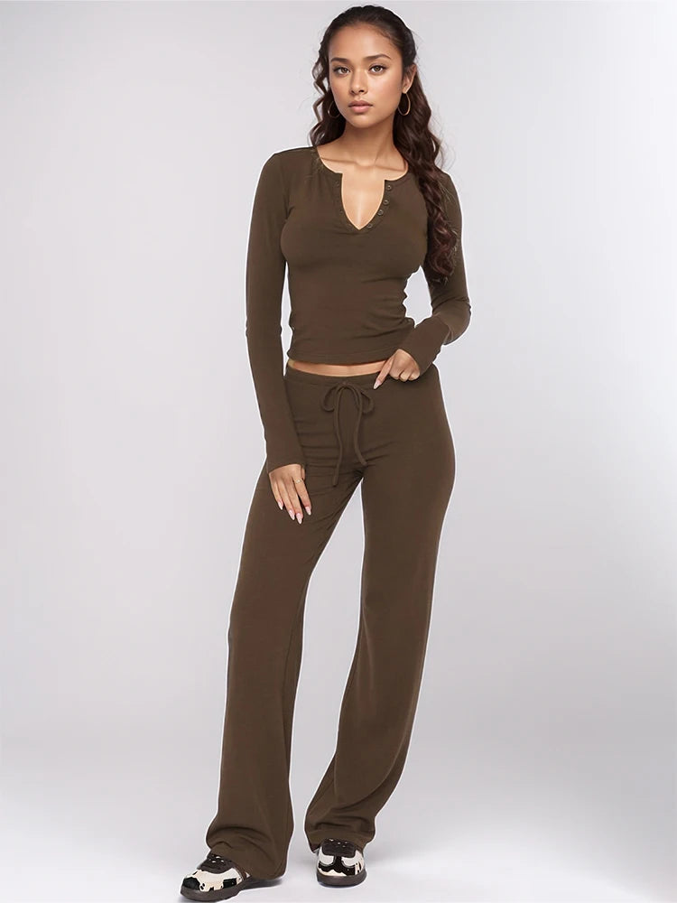 Women's Coffee Two-Piece Pajamas Set Long Sleeve Pullover Comfortable Shirt Drawstring Waist Cinching Pants Loungewear