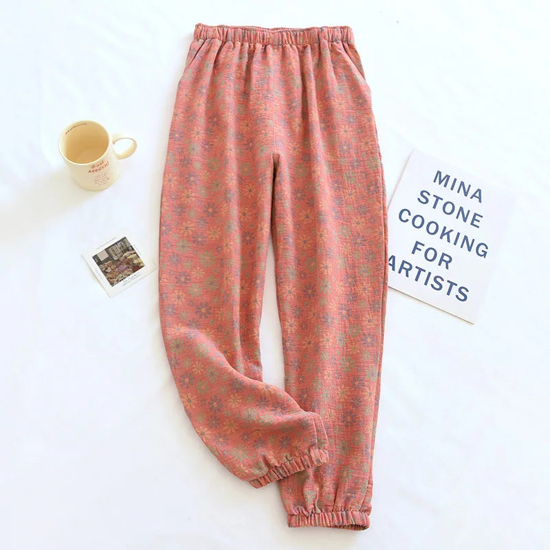Jacquard Cute and Fresh Flower Pants 100% Cotton Loose Closing Home Pants
