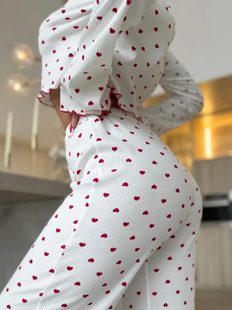 Y2K-Style Two-piece Cherry/Heart Print Cuffed-Long-Sleeve Tops and Long Trousers