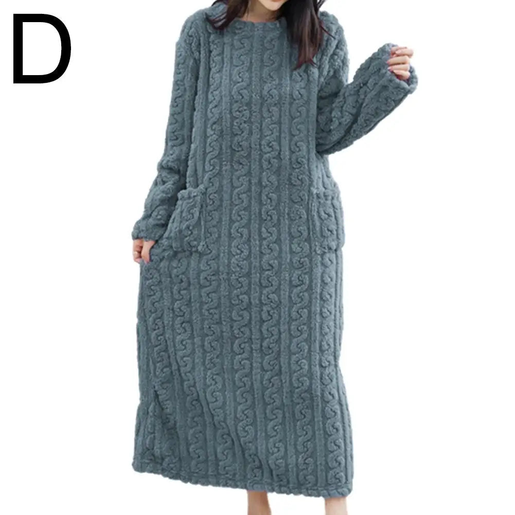 Velvet Women's Long Sleeve Double Pocket Flannel Loose Solid Sleepwear