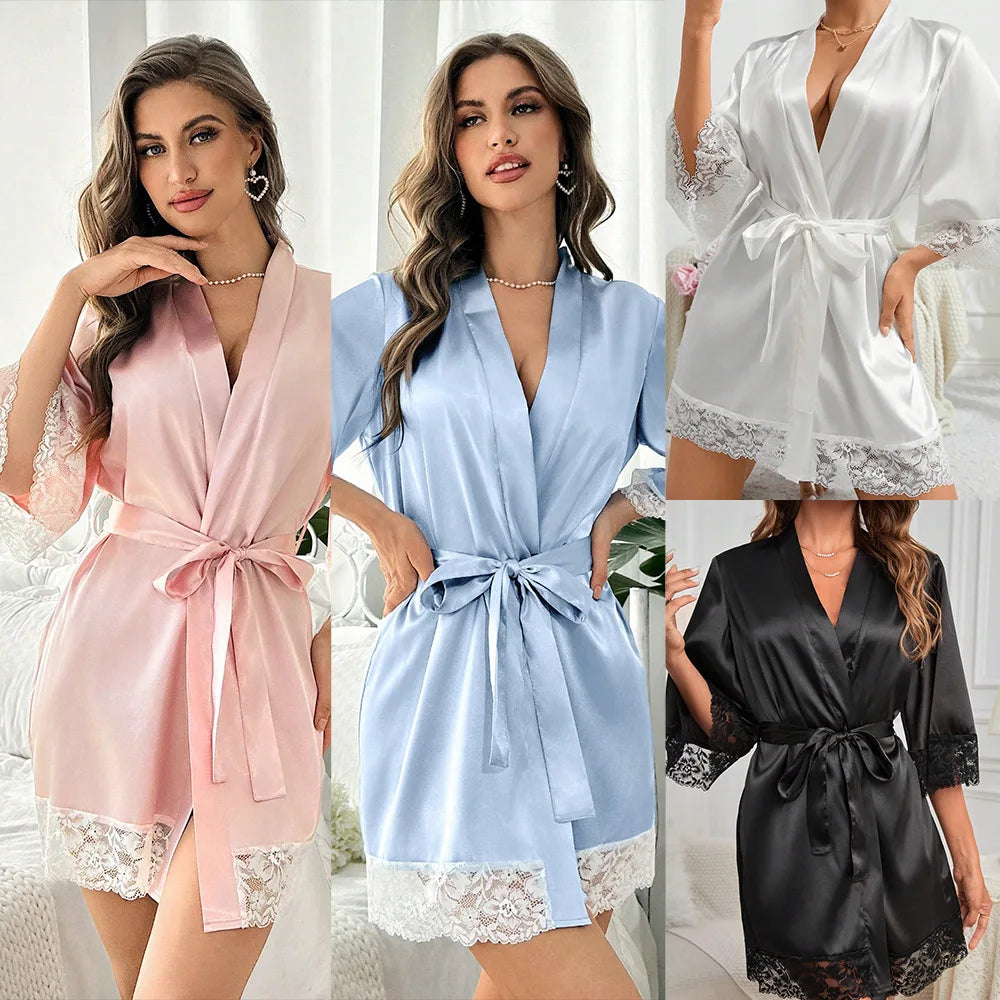 Ladies Elegant Satin Robe Lace Trim Kimono V Neck Belted Nightgown