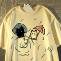 Graphic Short-sleeved T-shirt with A Cute Black and White Japanese Cat Pattern