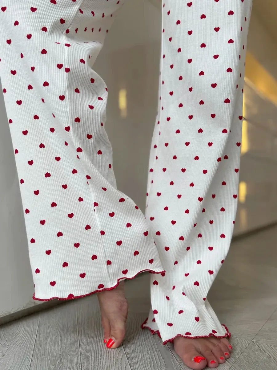 Y2K-Style Two-piece Cherry/Heart Print Cuffed-Long-Sleeve Tops and Long Trousers