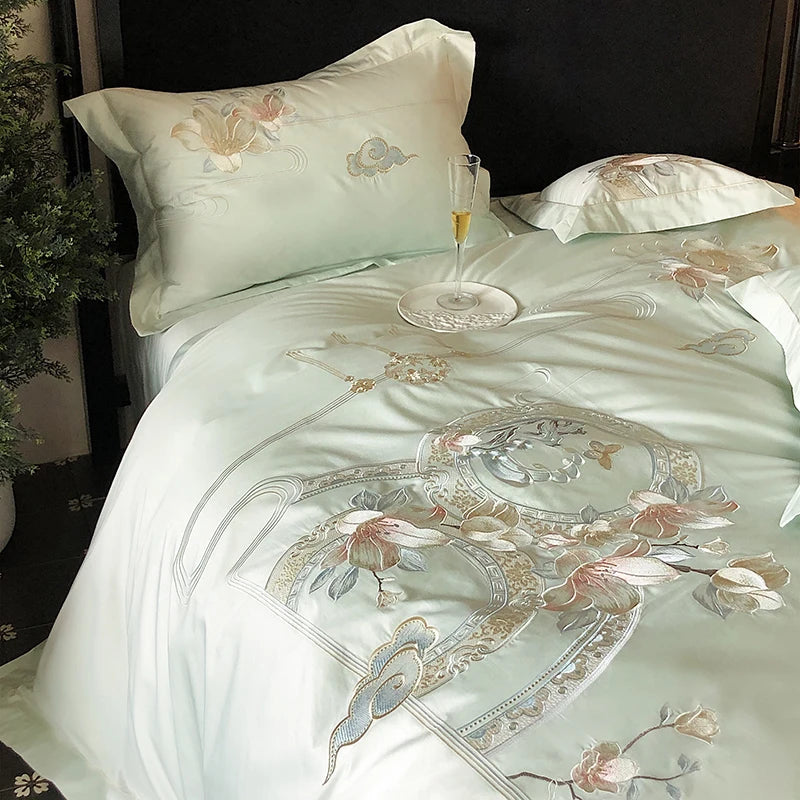 Flowers Bird Embroidery Luxury Bedding Set 1000TC Egyptian Cotton Duvet Cover Bed Sheet Pillowcases 4/5Pcs