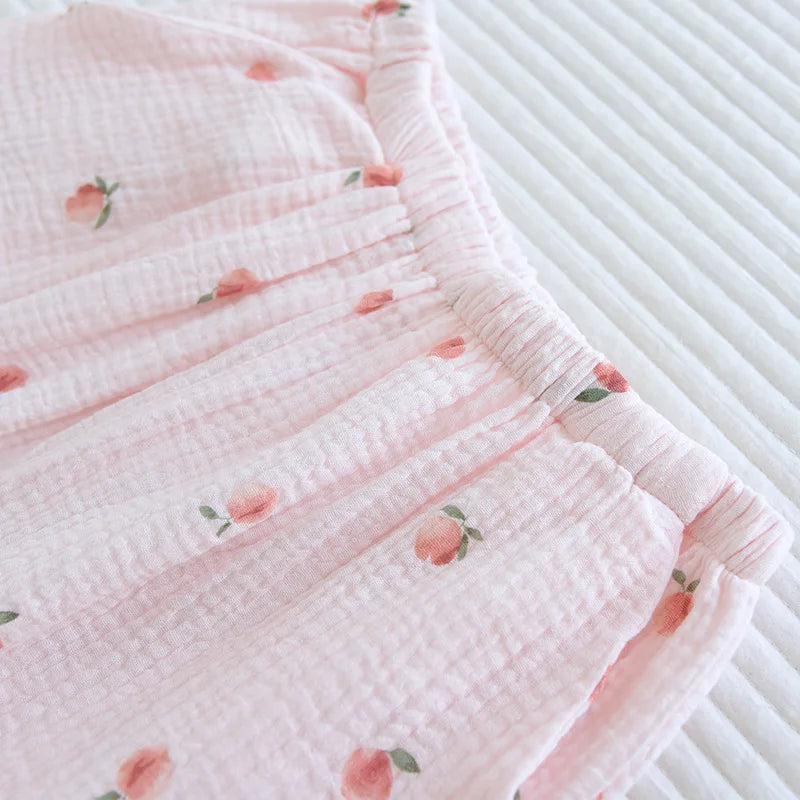 Short-sleeved Short Two-piece Set 100% Cotton Crepe V-neck