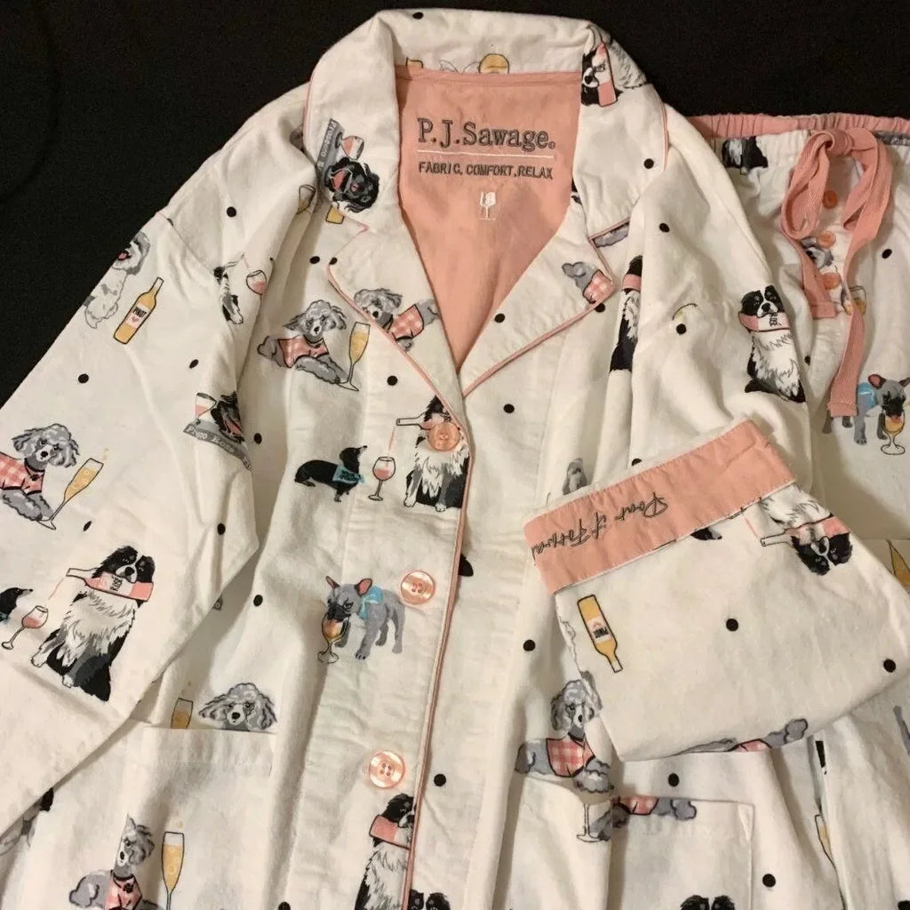 Women's Pajamas Set Cute Cartoon Print Sleepwear Top&pants Two-piece Soft Cotton Femme Nightwear