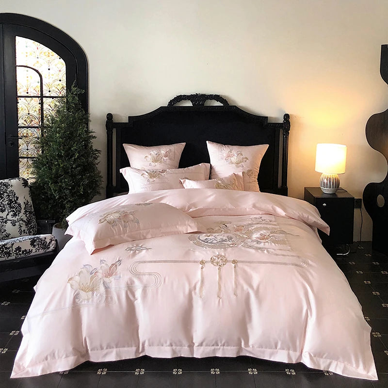 Flowers Bird Embroidery Luxury Bedding Set 1000TC Egyptian Cotton Duvet Cover Bed Sheet Pillowcases 4/5Pcs