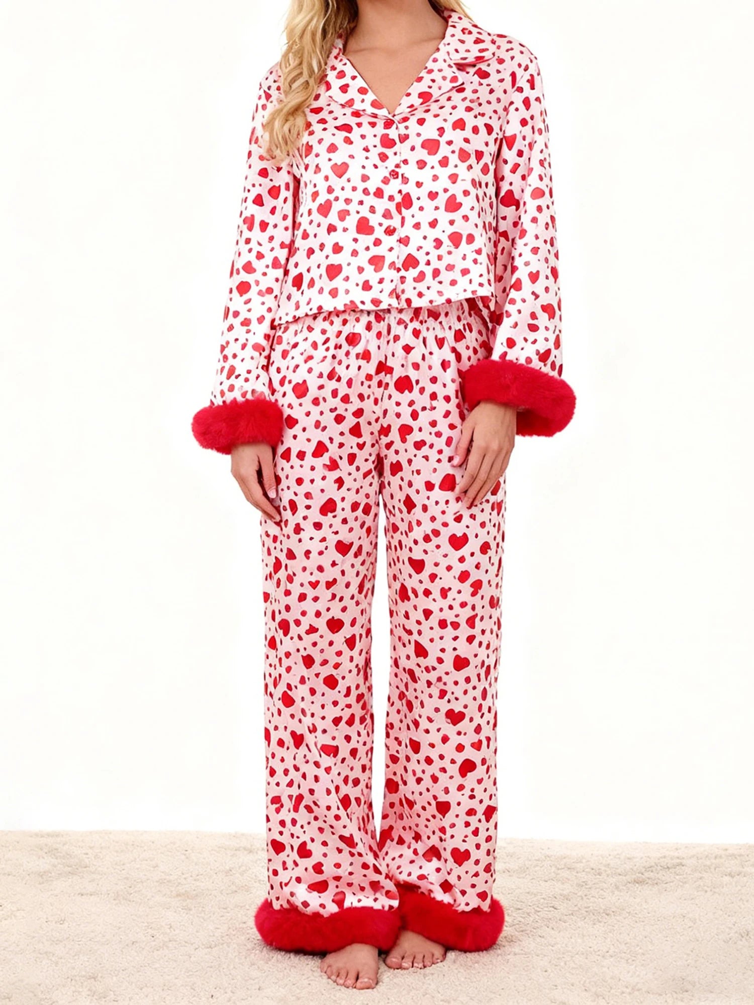 Heart Print Long Sleeve Button Up Top and Pants Lounge Wear Two-piece Set