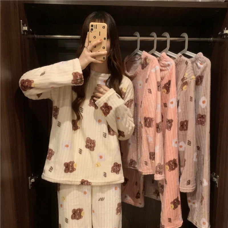 Fleece Print Warm Set Cozy Sleepwear Cute Cartoon Home Outfit Comfortable Loungewear Soft Pajamas
