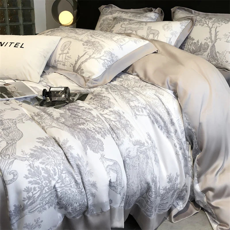 Soft Silky Skin-friendly Natural Eucalyptus Fiber Lyocell Bedding Set Forest Plants Leopard Duvet Cover Set Bed Sheet Pillowcases