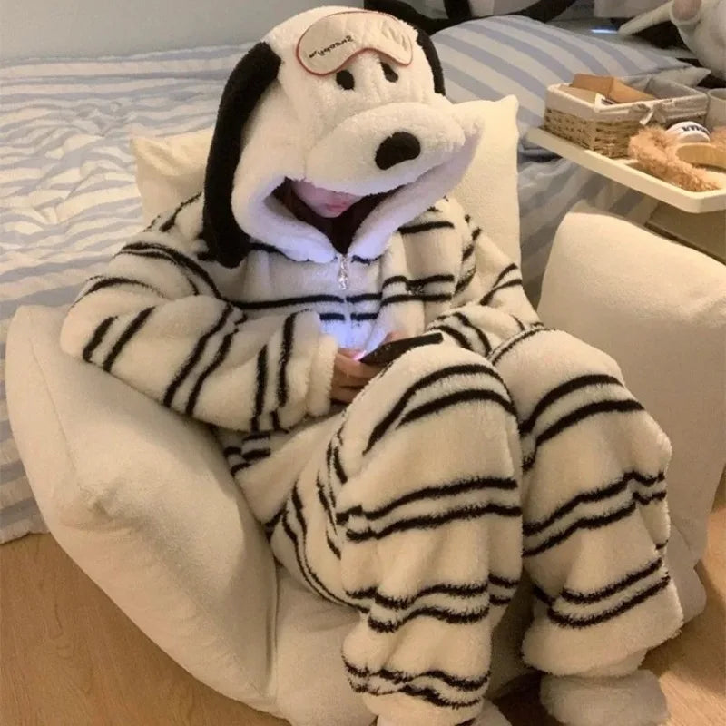 Cute Girl Cartoon Puppy Hooded Coral Fleece Loungewear Set