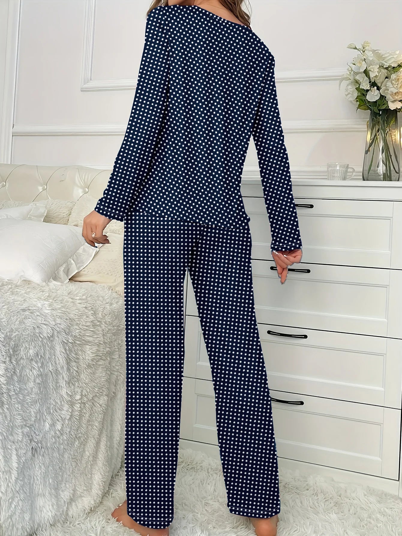 Polka Dot 2-Piece Print Long-Sleeved Women's Pajamas Set