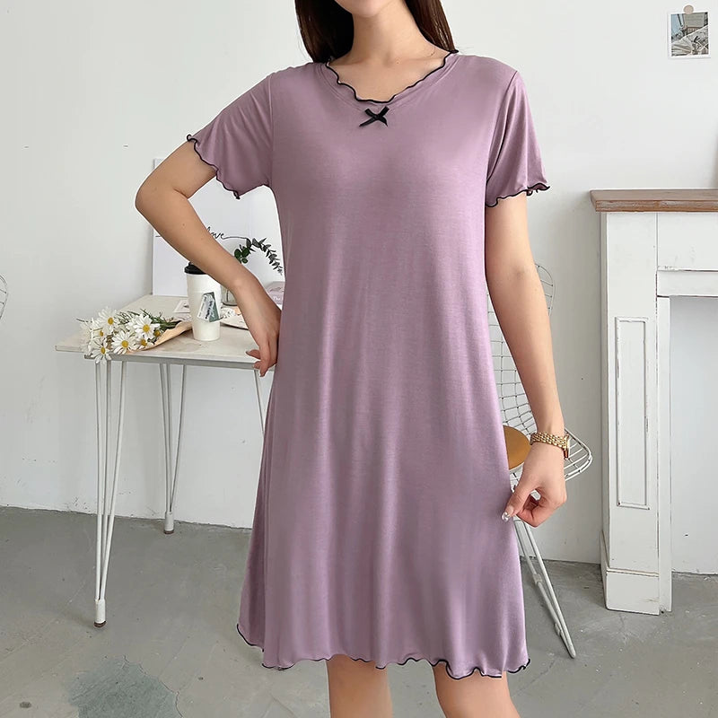 Loose Modal Short Sleeve Home Skirt A-Line Skirt Comfortable V-Neck Dress