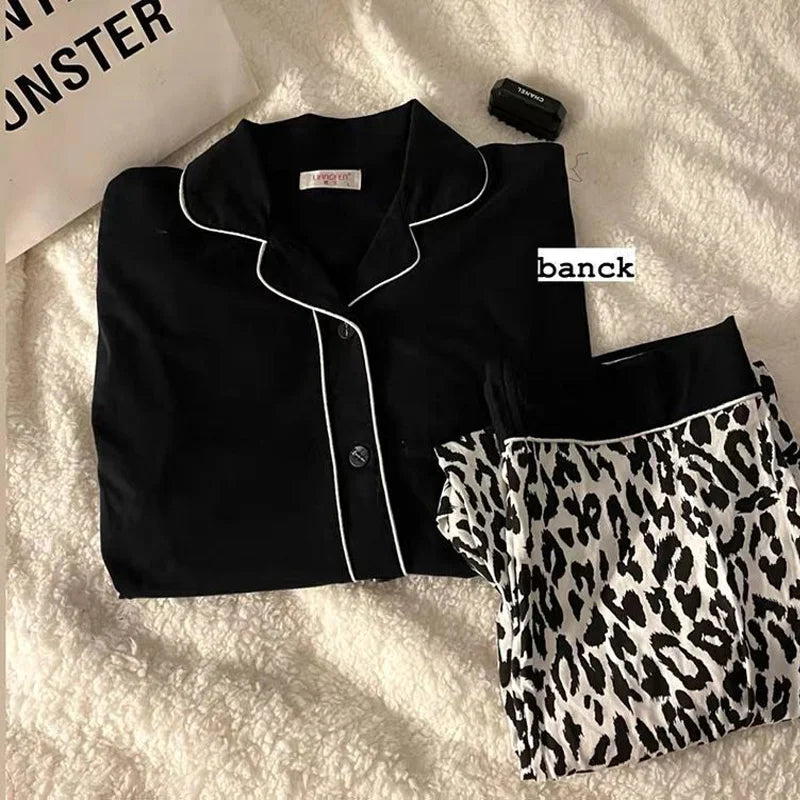 Ladies Black Leopard Cardigan Set