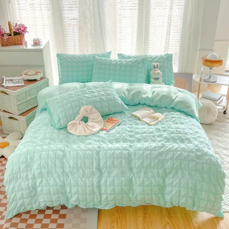 Puffy Check Bubble Fabric Set Duvet Pillowcase Bedding Sheet Quilt Cover Set