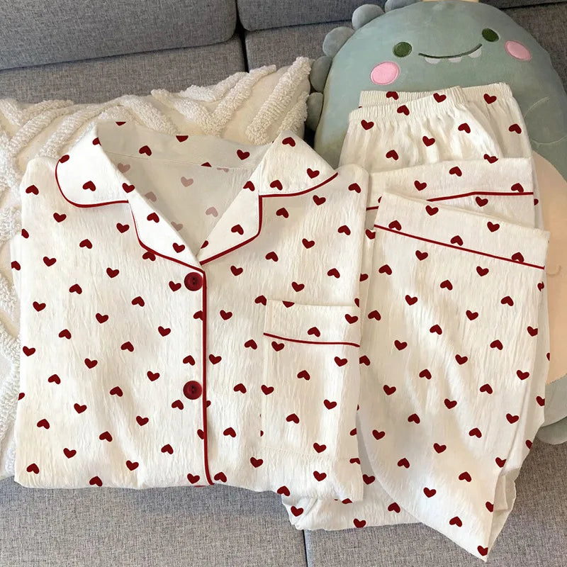 Women's Pajamas Loungewear Girl Love Cardigan Pajamas Crinkled Fabric Loungewear Long Sleeve Set