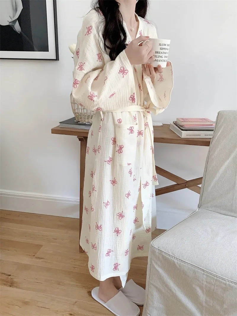 Korean-Style Pink Bow Casual Loose-Fit Loungewear Gown
