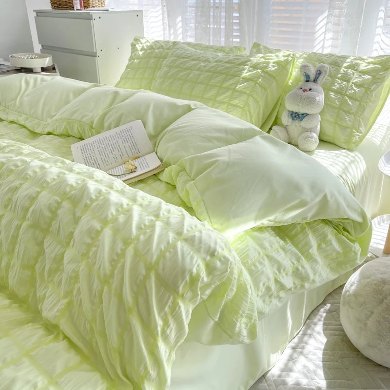 Puffy Check Bubble Fabric Set Duvet Pillowcase Bedding Sheet Quilt Cover Set